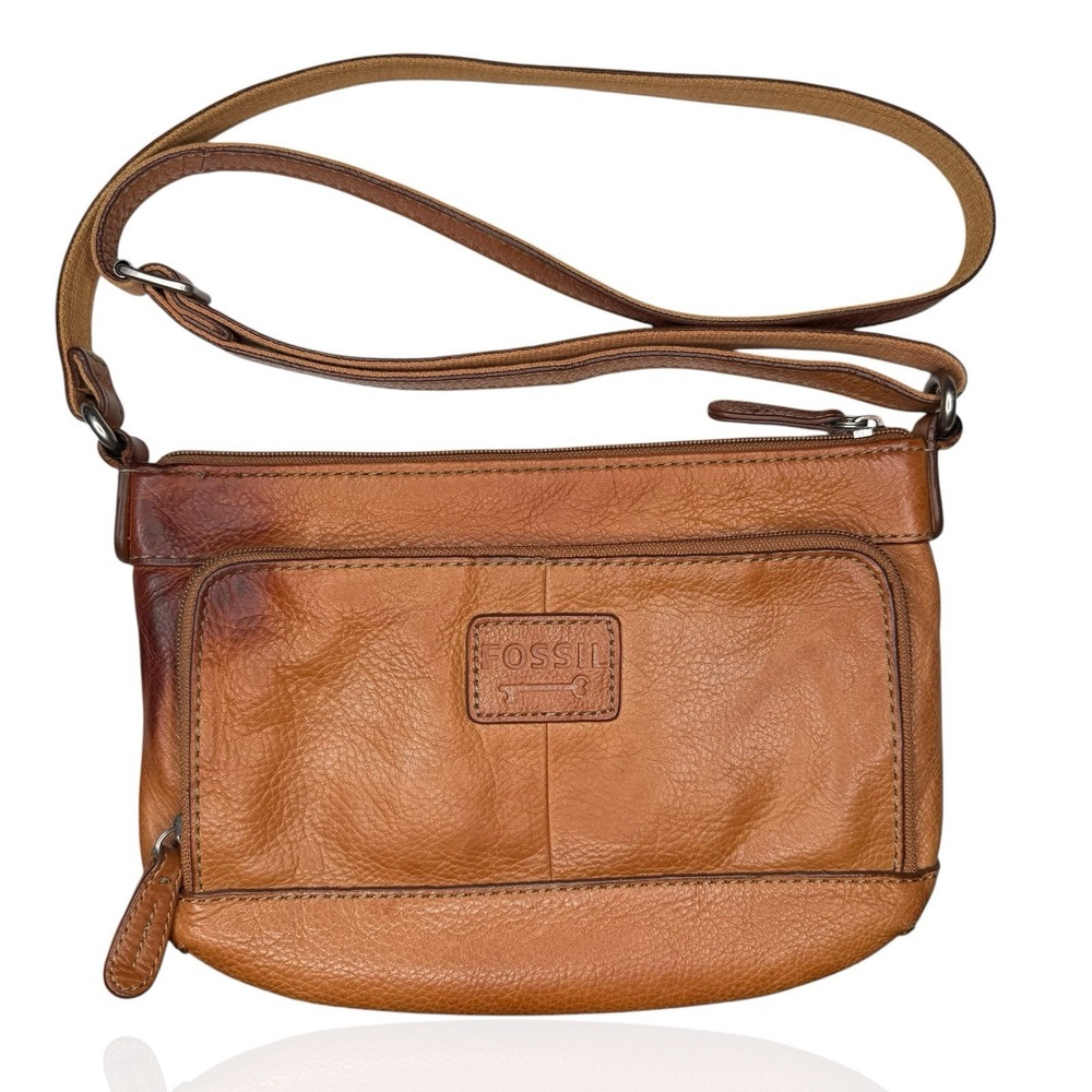 Vintage Fossil Brown Camel Tan Pebbled Leather Bag Crossbody Purse Organizer